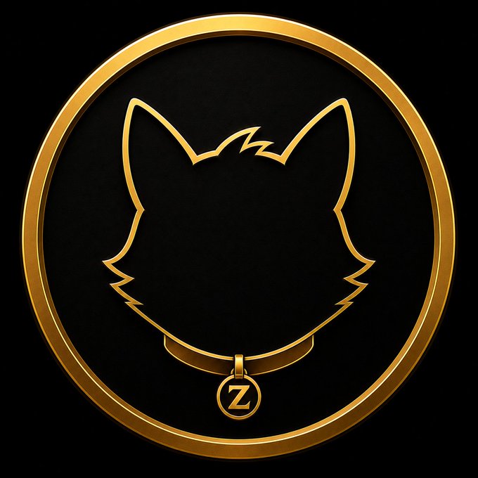 Black cat silhouette outlined in gold within a circular gold frame, featuring a 'Z' medallion at the bottom on a black background.