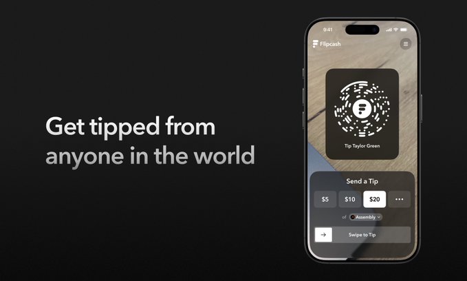 An advertisement for Flipcash shows a smartphone with a QR code and 'Send a Tip' interface featuring $5, $10, and $20 options, alongside the text 'Get tipped from anyone in the world.'