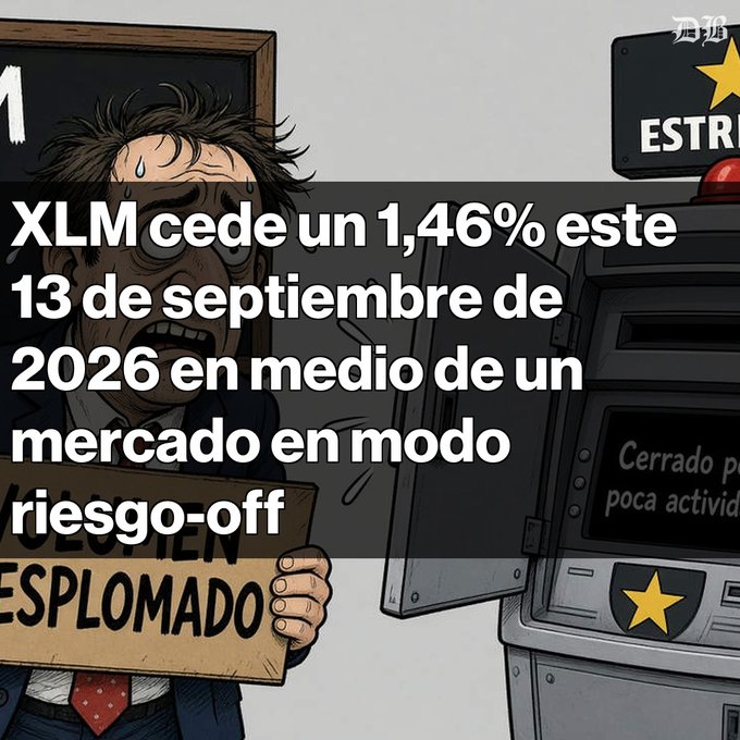A cartoon illustration shows a distressed man holding a sign reading 'ECONOMY ESPLOMADO' next to a machine, with overlay text: 'XLM cede un 1,46% este 13 de septiembre de 2026 en medio de un mercado en modo riesgo-off'.
