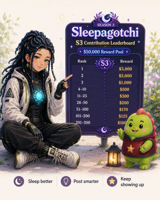 A promotional graphic for 'Sleepagotchi SEASON 3' features a braided-haired anime character and a green dinosaur mascot beside an S3 Contribution Leaderboard with a $50,000 reward pool.