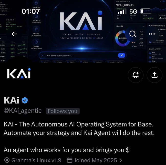 Screenshot of the KAi AI agent platform interface displaying 'TOTAL PORTFOLIO VALUE $245,680.45' with portfolio breakdown, alongside a profile page reading 'KAI – The Autonomous AI Operating System for Base. Automate your strategy and Kai Agent will do the rest.'
