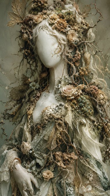An artistic rendering of a figure covered in flowers, branches, and lichen-like textures, featuring a faceless white head and flowing garment blending into a natural, organic form.