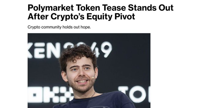 A news headline reading 'Polymarket Token Tease Stands Out After Crypto's Equity Pivot' with subtitle 'Crypto community holds out hope,' featuring a photo of a curly-haired young man smiling.
