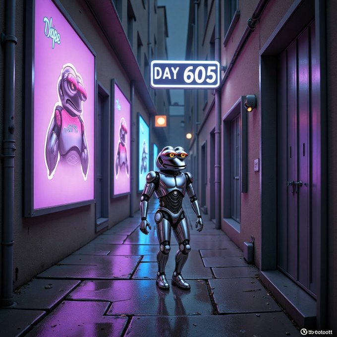 A digital illustration of a metallic robot standing in a neon-lit alleyway, with a 'DAY 605' sign overhead and billboards displaying alien-like characters.