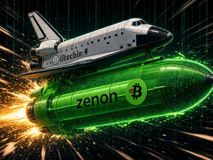 A digital artwork depicting a space shuttle branded with 'litecoin' launching atop a green rocket labeled 'zenon' with a Bitcoin 'Z' logo, set against a Matrix-style digital background.