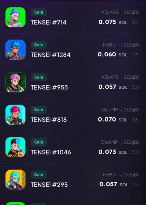 A mobile marketplace interface listing various TENSEI NFTs for sale at prices ranging from 0.057 to 0.075 SOL.