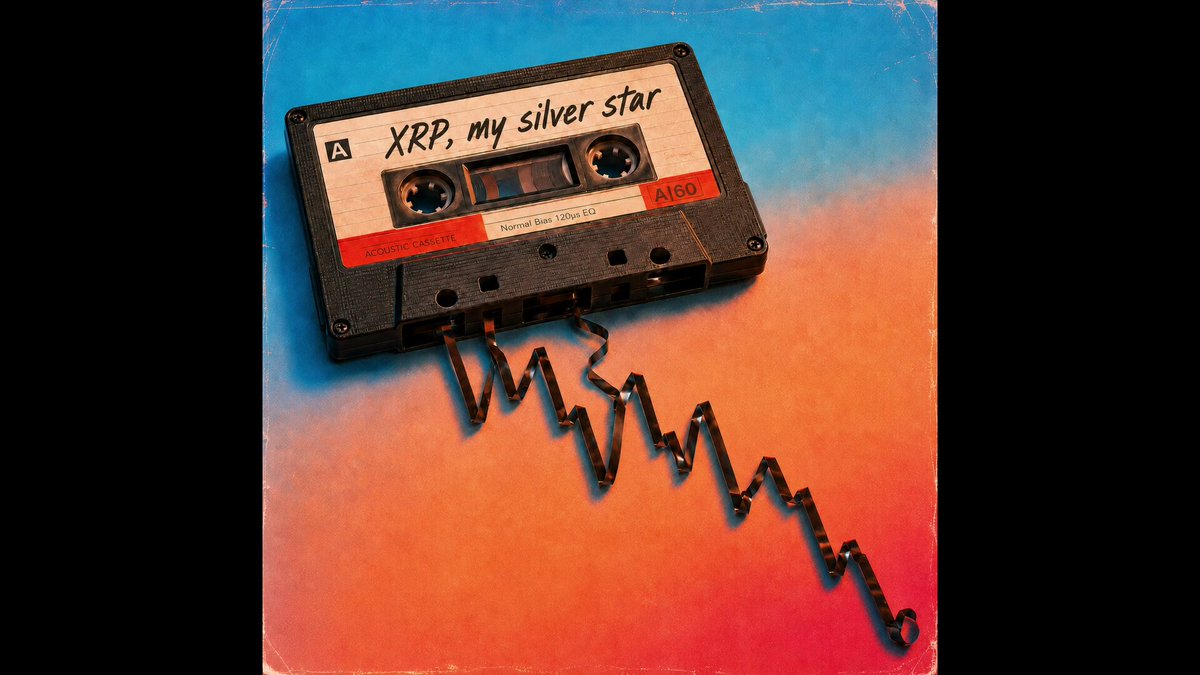 The image features a black and white cassette tape with the words "XRP my silver star" written on it, which appears to be floating or hanging from the top of the frame. The tape has a spiral design at its bottom, adding an artistic touch to the scene.