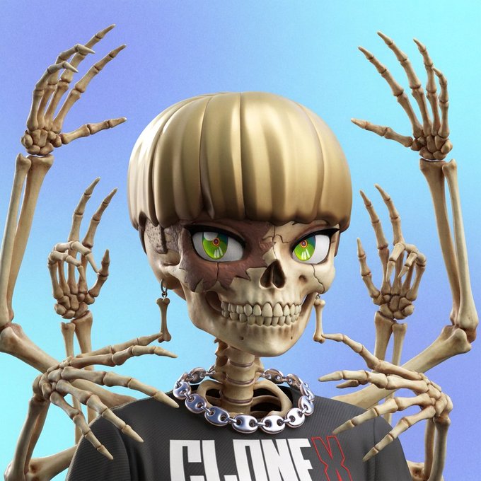 A 3D rendered illustration of a skeleton-like figure with a bob haircut, bright green eyes, and a silver chain necklace, surrounded by skeletal hands reaching toward it, with a shirt reading 'CLONE X'.