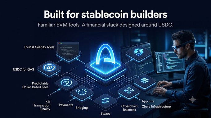 A promotional graphic titled 'Built for stablecoin builders' highlights Circle Infrastructure, featuring features like EVM & Solidity Tools, USDC for GAS, and Crosschain Balances, alongside an image of a person working on a computer.