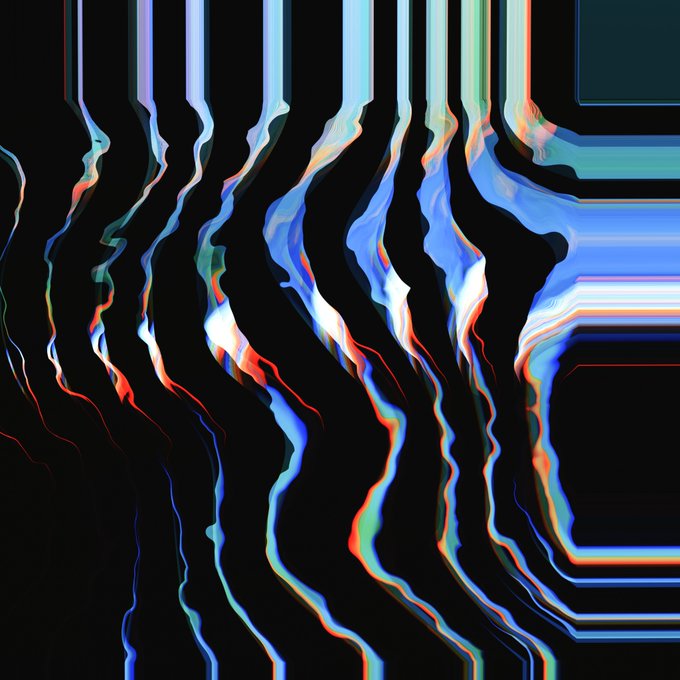 An abstract digital artwork featuring wavy vertical streaks of blue, white, red, and orange against a black background, with chromatic aberration effects.