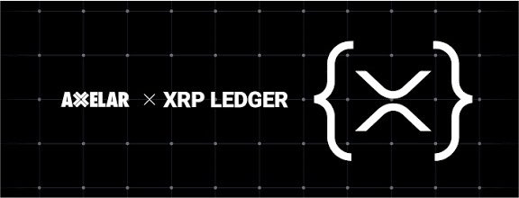 The image displays the Axelar and XRP Ledger logos side by side with a "×" symbol between them, accompanied by the XRP symbol on the right, representing the newly established cross-chain interoperability partnership that enables XRP and other assets to flow across 80+ blockchains through Axelar's network.