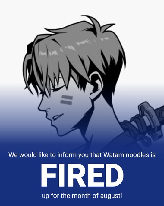 An anime-style profile image of a character with gray hair and facial markings, with text overlay reading 'We would like to inform you that Wataminoodles is FIRED up for the month of august!'