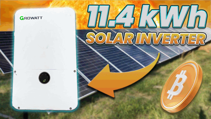 YouTube-style thumbnail advertising an '11.4 kWh Solar Inverter' by Growatt paired with a Bitcoin coin over a solar panel backdrop.