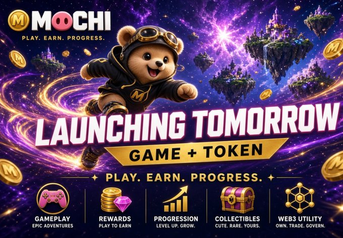 A promotional graphic for 'MOCHI' featuring a bear in a hoodie flying through space, announcing 'LAUNCHING TOMORROW GAME + TOKEN' with sections for gameplay, rewards, progression, collectibles, and web3 utility.