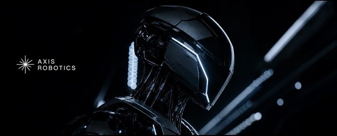 A sleek, futuristic promotional image for Axis Robotics showcases a close-up profile of a black robotic figure with glowing white accents on its neck and helmet, set against a dark background with the company logo on the left.