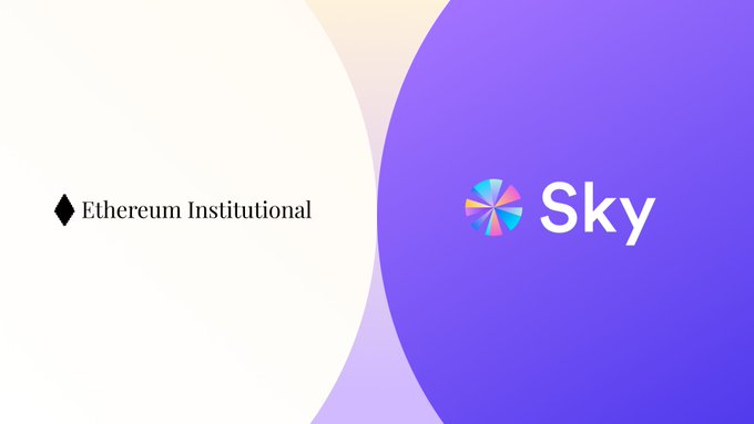 The image features the Ethereum Institutional and Sky (formerly MakerDAO) logos side-by-side against a purple and cream background, visually representing Sky's announcement of joining Ethereum Institutional's supporter coalition to help institutions navigate the Ethereum ecosystem and move from evaluation to deployment.