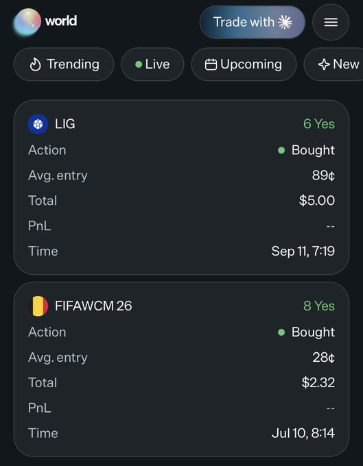 A trading app interface showing 'Bought' positions for LIG (Total $5.00, Sep 11) and FIFAWCM26 (Total $2.32, Jul 10).