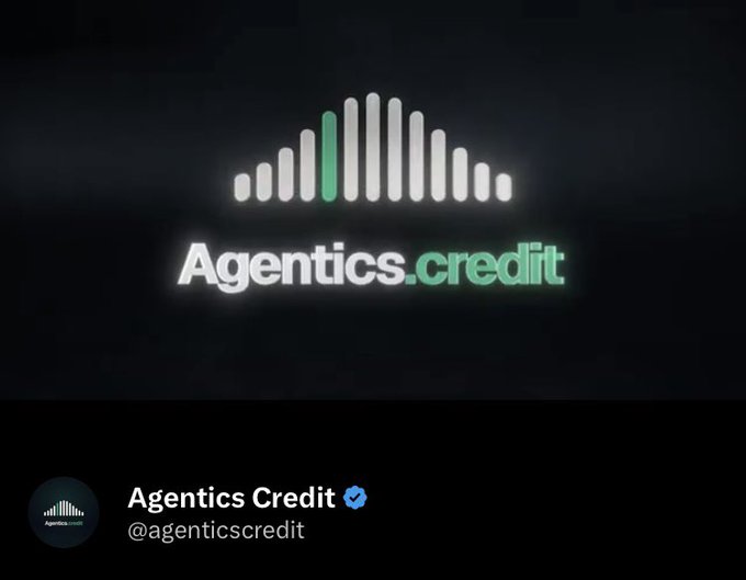 A promotional image showing the 'Agentics.credit' logo with a stylized bar-graph icon, alongside a Twitter profile handle '@agenticscredit' and a verified badge.