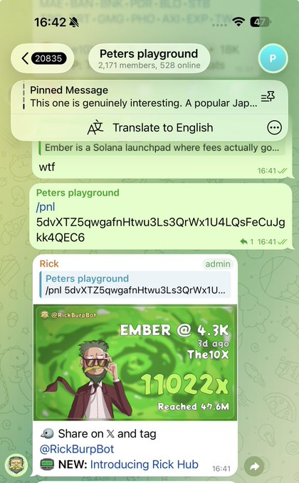 The image shows a Telegram chat in "Peters playground" where an admin named Rick shares an Ember launchpad announcement featuring RickBurpBot with stats "EMBER @ 4.3K, 3d ago, 11022x, Reached 49.6M," aligning with the post's claim of scanning $EMBER at a 4K market cap before its 50M ATH surge.