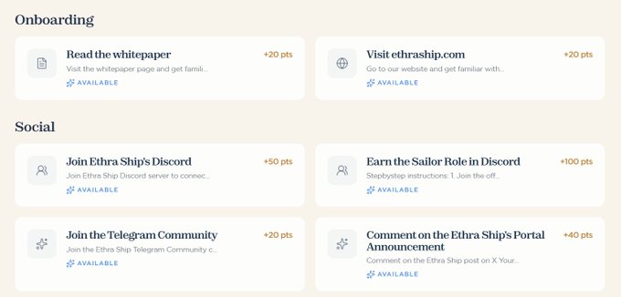 A points-based onboarding and social task list for a project called Ethra Ship, featuring rewards like 'Read the whitepaper' (+20 pts), 'Join Ethra Ship's Discord' (+50 pts), and 'Earn the Sailor Role in Discord' (+100 pts).