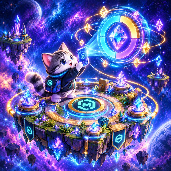 An adorable cartoon kitten wearing a backpack stands on a floating cosmic island, holding up a smartphone to capture a glowing portal marked with the "M" Mint logo, while the platform below features a prominent "M" symbol and floating crystals representing XP and rewards. The image visually reinforces the post's message about the "Play => Earn XP => $MNTD => Stake => MINT Status" loop by depicting an in-game action moment where the user is actively engaged in progressing through the Mint ecosystem.