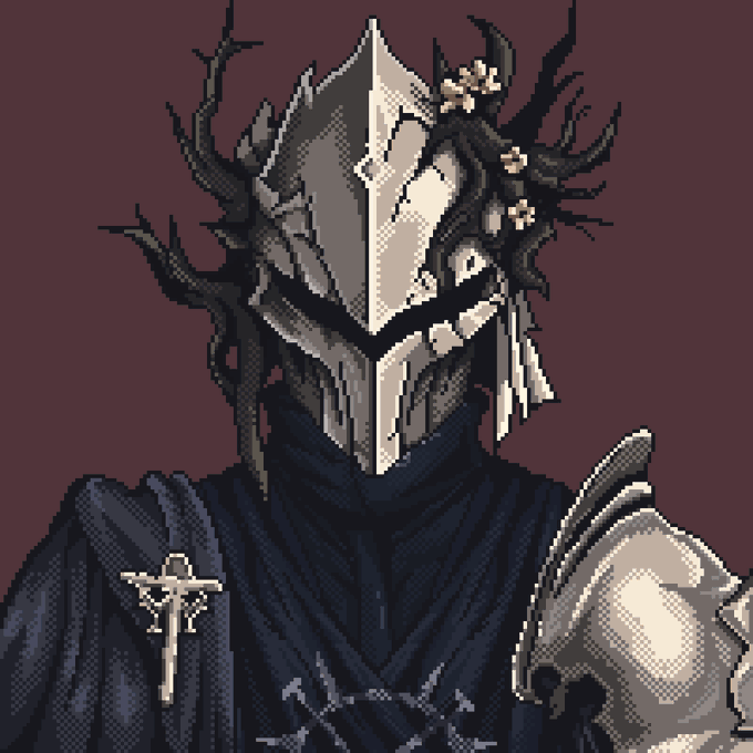 A pixel art portrait of a knight in dark armor wearing a pointed helmet adorned with branches and small flowers.