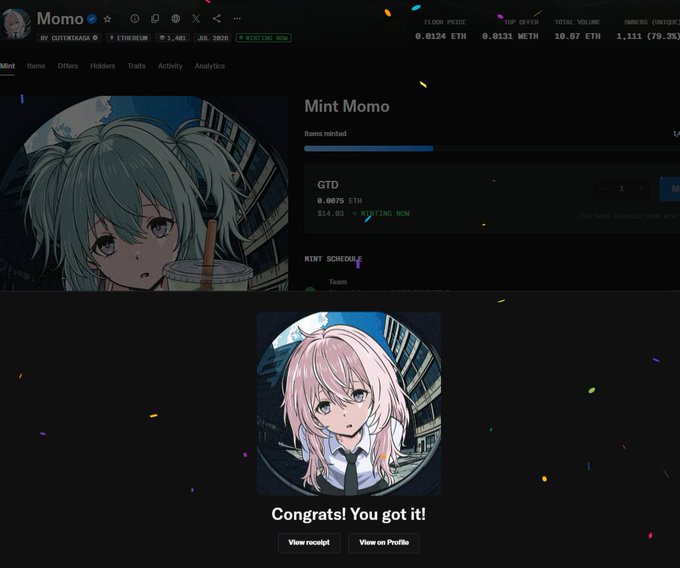 A screenshot of a cryptocurrency minting page for an NFT called 'Momo' on the 'GTD' contract, displaying a 'Congrats! You got it!' message with an anime character illustration after a successful mint.
