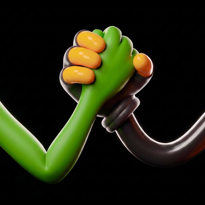 A green and a black cartoon-style hand clasp together in a firm handshake against a dark background, symbolizing partnership and unity in the decentralized exchange space, which complements the post's message about tokens creating liquidity pools on DeDust as the "home of memes."