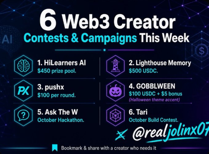 A promotional graphic listing 6 Web3 Creator Contests & Campaigns This Week by @realjolinx07, including HiLearners AI ($450 prize pool), Lighthouse Memory ($500 USDC), pushx ($100 per round), GOBBLWEEN, Ask The W October Hackathon, and Tari October Build Contest.