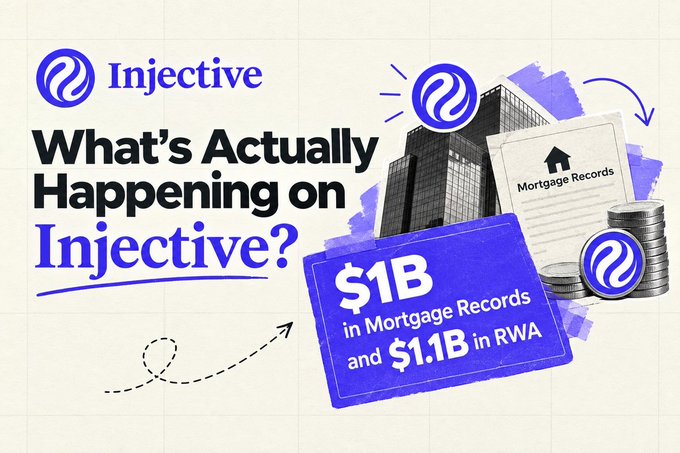 A promotional graphic for Injective asking 'What's Actually Happening on Injective?' highlighting $1B in Mortgage Records and $1.1B in RWA (Real World Assets).