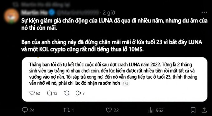 A Vietnamese Facebook post discussing the lasting trauma of the LUNA crypto crash, mentioning a friend who tried to k*ll himself at 23 and a famous crypto KOL who lost $10M.