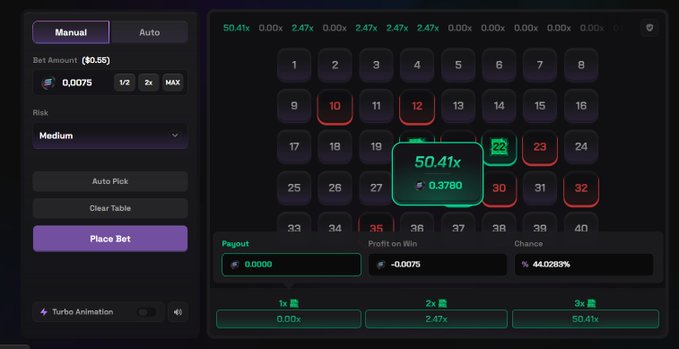 A screenshot of a roulette betting interface on Spumpio displaying a bet of 0.0075 SOL (~$0.55) placed on the number 22 with a 50.41x potential payout and 44.02893% chance of winning, promoting the platform's $10 daily Solana giveaway that requires using the bonus code "DEM."