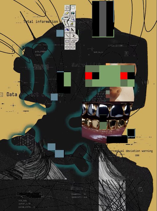 A chaotic glitch-art style collage featuring a silhouetted figure, pixel art elements, scattered lines, and text fragments like 'Total information' and 'perceptual deviation warning' on a mustard yellow background.