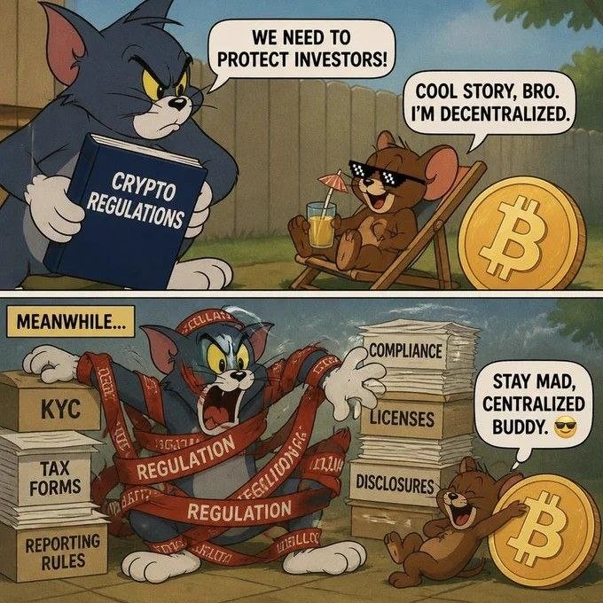 A Tom and Jerry style meme showing Tom entangled in 'REGULATION' tape while holding a Bitcoin, mocking crypto regulation efforts against decentralized assets.