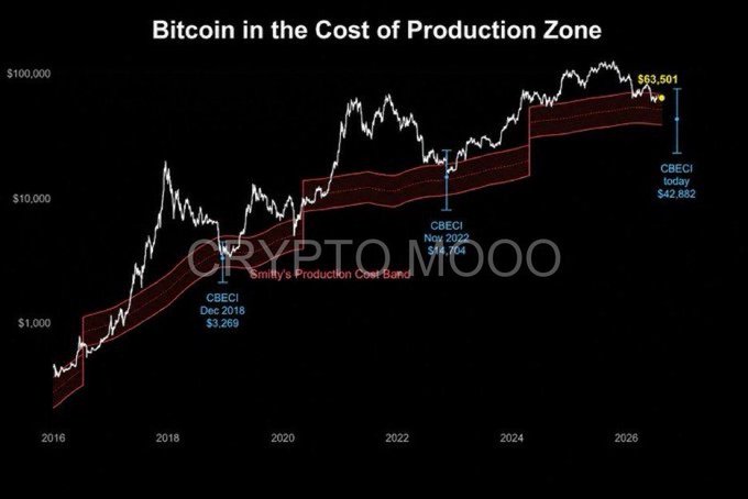 A 'CRYPTO.MOOO' chart titled 'Bitcoin in the Cost of Production Zone' showing Bitcoin's price history against Sminly's Production Cost Band, with CBECI cost basis annotations at Dec 2018 ($3,269), Nov 2022 ($14,764), and today at $42,882 versus a current price of $63,501.