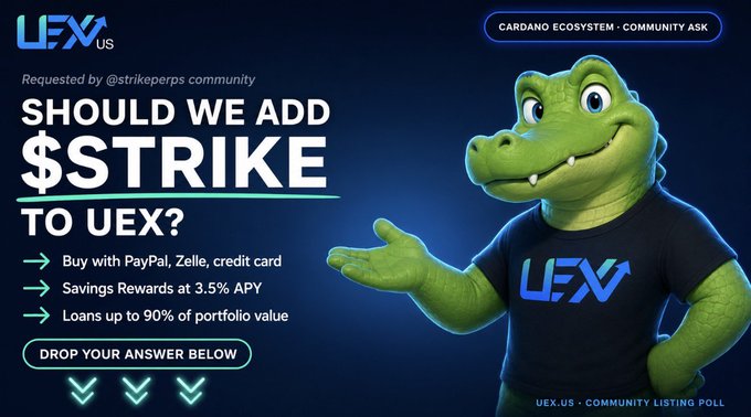 The image features a cartoon crocodile character wearing a black shirt and standing next to a blue banner that says "UEX Should We Add $STRIKE To UEX?". The text suggests that the user should add $STRIKE to their account, possibly for rewards or other benefits.