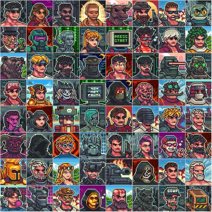 An 8x8 grid of cyberpunk/retro pixel art character avatars, including one with text 'PRESS START' and another labeled 'COMPO'.