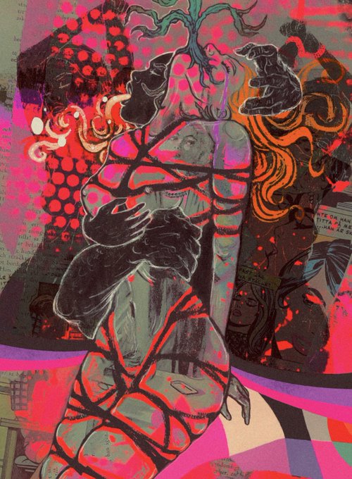 A vibrant, abstract mixed-media painting featuring a figure in a checkered red and gray pattern, with bold pinks, blacks, and overlapping layers of imagery.