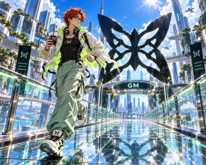 An anime-style illustration depicts a red-haired male character holding an iced coffee drink, standing in a futuristic glass city with a large butterfly logo in the background and banners reading 'A BRIGHTER LAYER TOMORROW' and 'GM'.