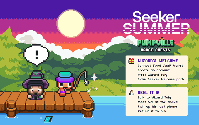 Pixel art video game screenshot titled 'Seeker SUMMER' featuring characters on a dock, displaying badge quests: 'WIZARD'S WELCOME' (connect wallet, create account, meet Wizard Toly, claim pack) and 'REEL IT IN' (talk to Toly, meet him, fish up phone, return it).