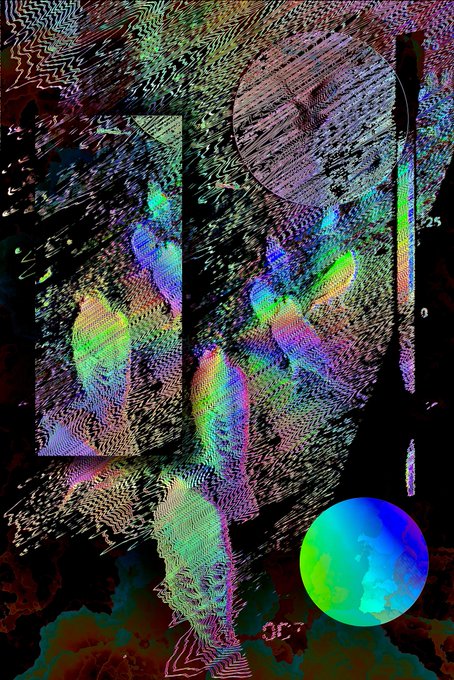 An abstract glitch art piece with colorful, distorted shapes and textures against a dark background, featuring a blue/green sphere in the lower right.