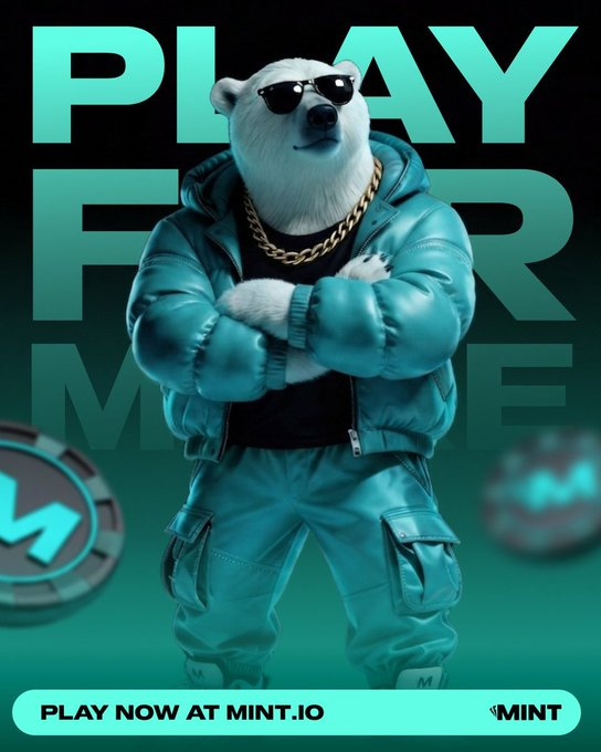 An advertisement for MINT.IO featuring a polar bear wearing sunglasses, a gold chain, and a teal puffer jacket with the slogan 'PLAY FOR MORE'.