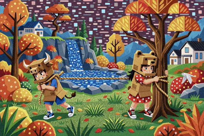 Colorful illustration of two children wearing cardboard animal costumes (a bull and a bear) in an autumnal landscape with stylized trees, a waterfall, and houses.