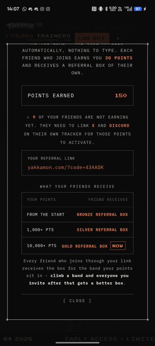 A mobile app screenshot showing a Yakkl wallet referral program with 150 points earned, a referral link 'yakklwallet.com/?code=434ADK', and tier-based referral boxes (Bronze, Silver, Gold).