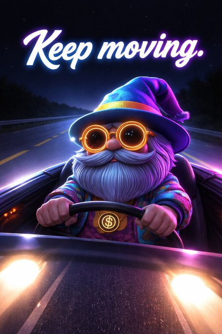 Stylized digital illustration of a gnome wearing neon sunglasses and a colorful hat driving a car at night with the glowing text 'Keep moving.' above.