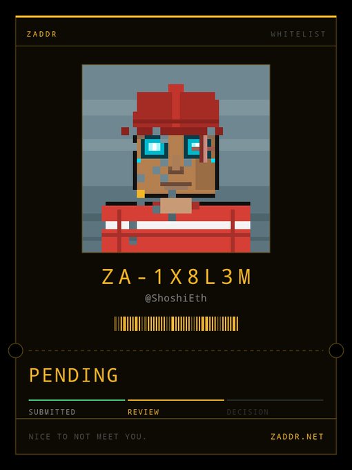 A digital whitelist card from ZADDR features a pixel art character wearing a red cap, the code 'ZA-1X8L3M', the handle '@ShoshiEth', and a 'PENDING' status.