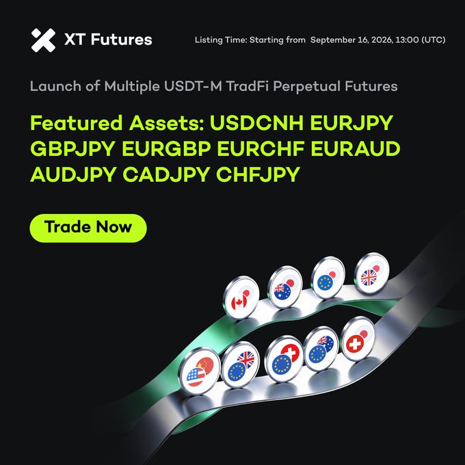 Promotional graphic for XT Futures announcing the launch of Multiple USDT-M TradFi Perpetual Futures, listing featured assets including USDCNH, EURJPY, GBPJPY, EURGBP, EURCHF, EURAUD, AUDJPY, CADJPY, and CHFJPY, with a listing time starting from September 16, 2026, 13:00 (UTC) and a 'Trade Now' button.
