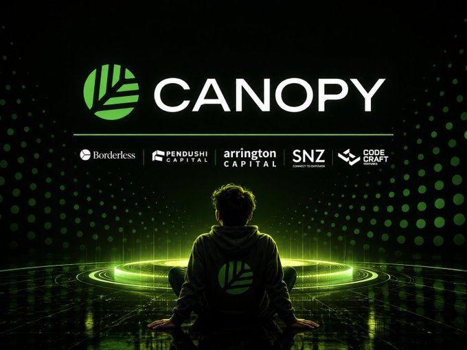 A promotional graphic for 'CANOPY' featuring a person sitting cross-legged facing a glowing green circular platform, with partner logos below including Borderless, Pendushi Capital, Arrington Capital, SNZ, and Code Craft.