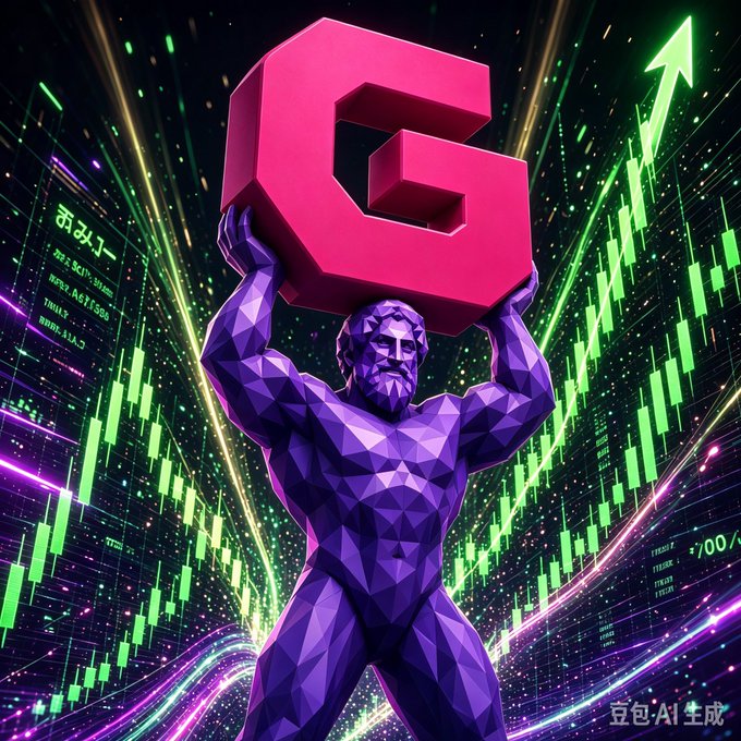 A purple geometric polygonal figure holding up a large red letter 'G' against a background of green stock candlestick charts with an upward arrow, watermarked '豆包AI生成'.