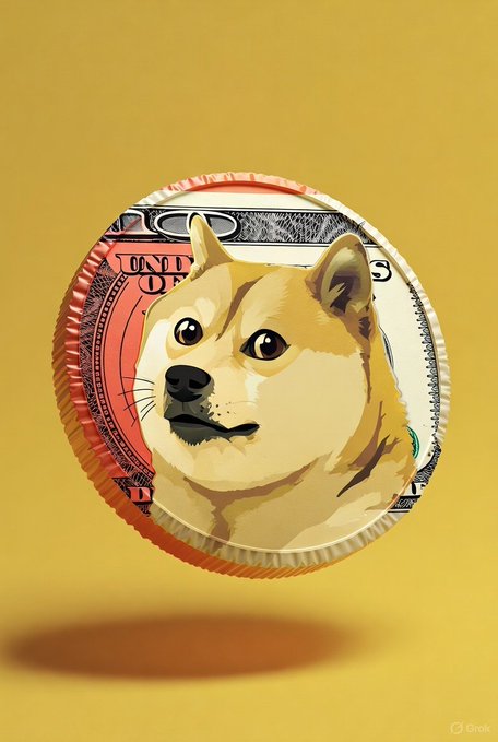 A digital illustration featuring a Shiba Inu dog's face set within a floating circular frame decorated with US dollar bill patterns, against a solid yellow background with the "Grok" watermark visible.